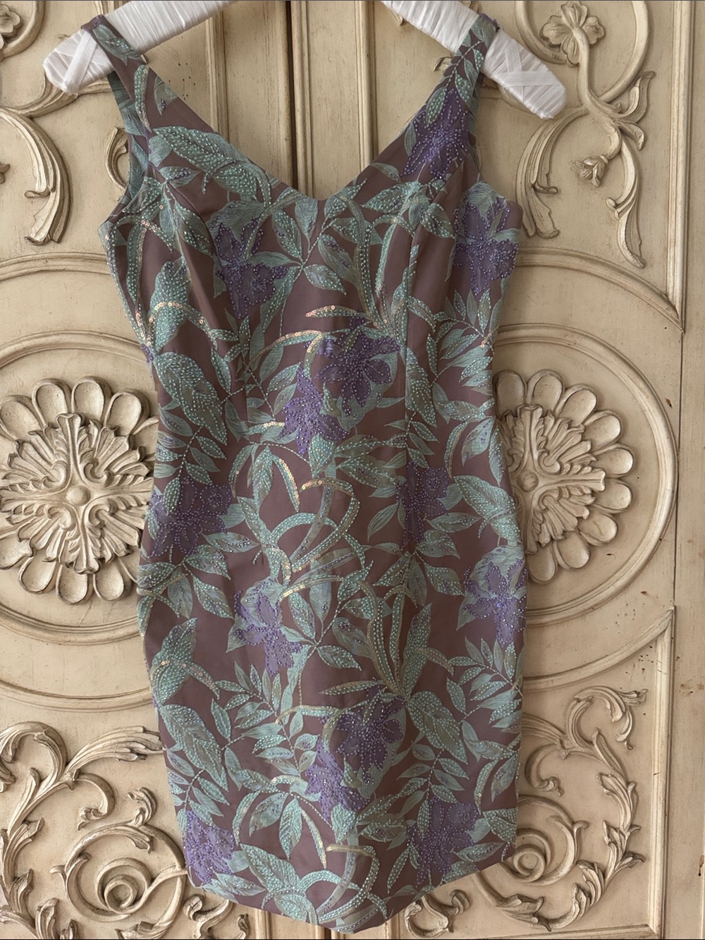 Carmen Marc Valvo Embellish Sequin Beaded Dress Women’s SZ 6 Floral Bodycon 90’s